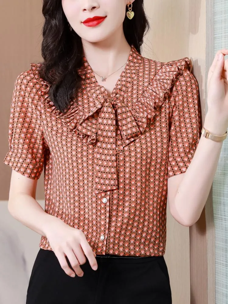 Damen Blusen Damen Hemden Fliege Rüschen Womes Tops Sommer Mode Kleidung Frau 2023 Button Down Shirt für Basic Chiffon Damen