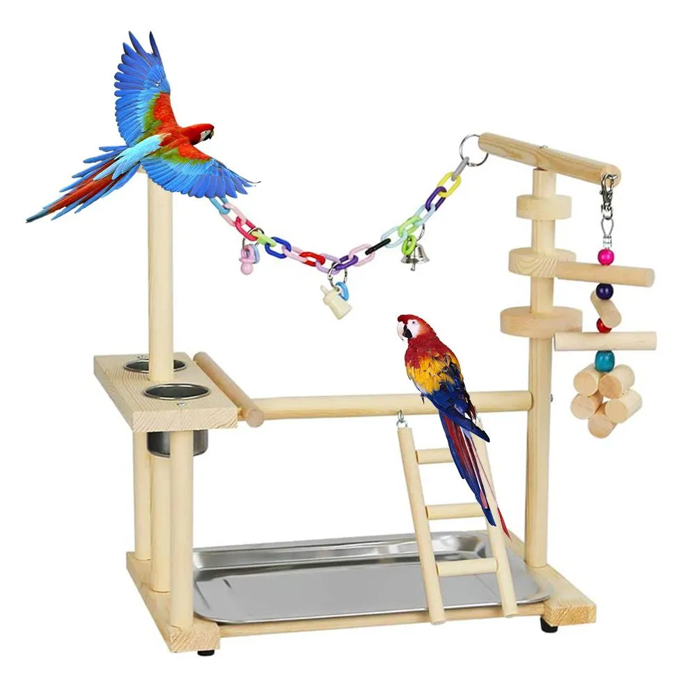 Toys Pet Bird Chew Toy With Feeder Cup Wood Parrots Play Stand Play Gym Parakeet PlayPen Ladder Swing rostfritt stål