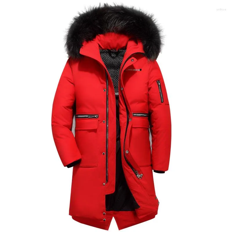 Chaqueta con capucha para hombre, marca de plumón de invierno, resistente al frío y al viento, cuello de piel grande rojo y negro, abrigo cálido grueso estampado de sección larga