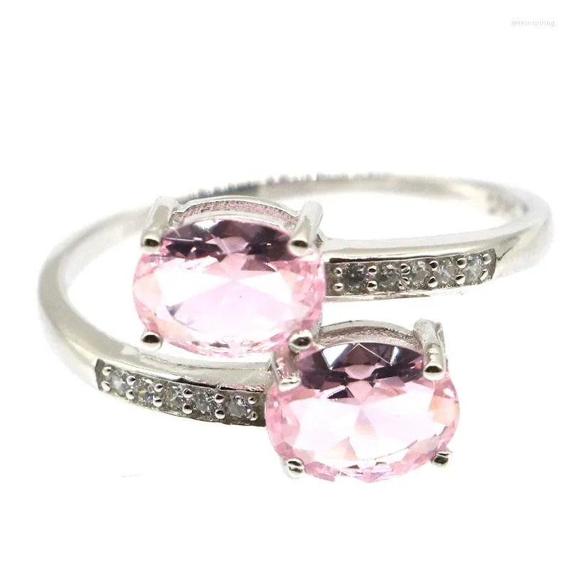 Cluster-Ringe 15 x 12 mm Jazaz Luxury 2,4 g erstellt rosa Kunzit Turmalin natürliche CZ Frauen Hochzeit echtes 925 massives Sterlingsilber