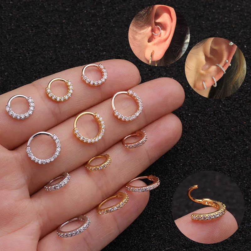 Copper Inlaid Cubic Zircon Ear Bone Rings Nose Ring Earbone Ring Dual Purpose Huggei Hoop Earrings 20g Colorful Tennis Puncture Piercing Body Jewelry Shiny Cz Stone