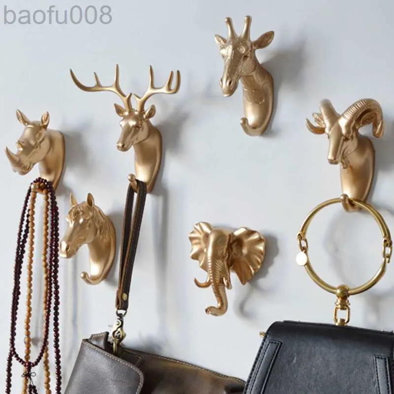 Champagne Bronze Hooks Wall Mounted Hooks Animal Head Rack Coat