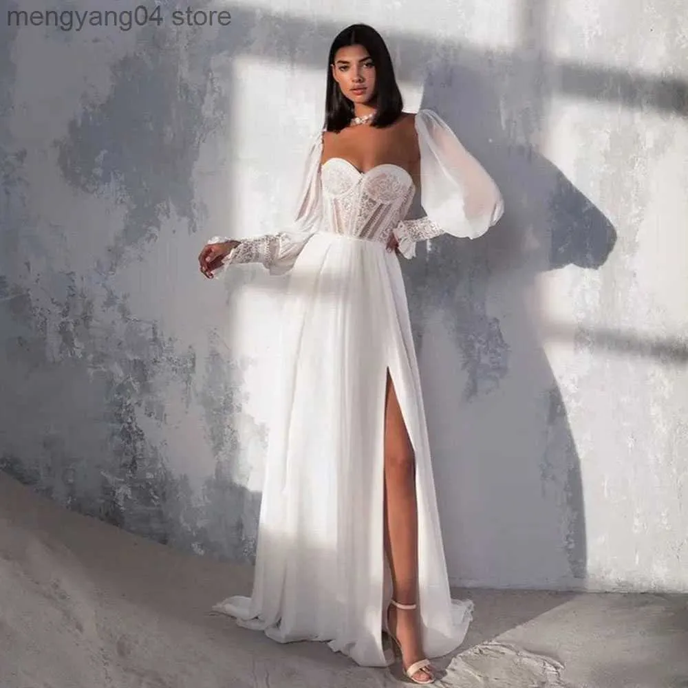 Party Dresses Sevintage Boho High Side Split Wedding Dresses Lace Appliques Puff Sleeves Sweetheart A-Line Bridal Dress Lace-up Bride Gowns T230502