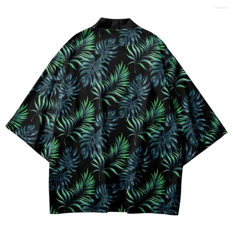 Roupas étnicas folhas impressas camisa havaiana tradicional Haori quimono homem homem japonês praia yukata streetwear cardigan