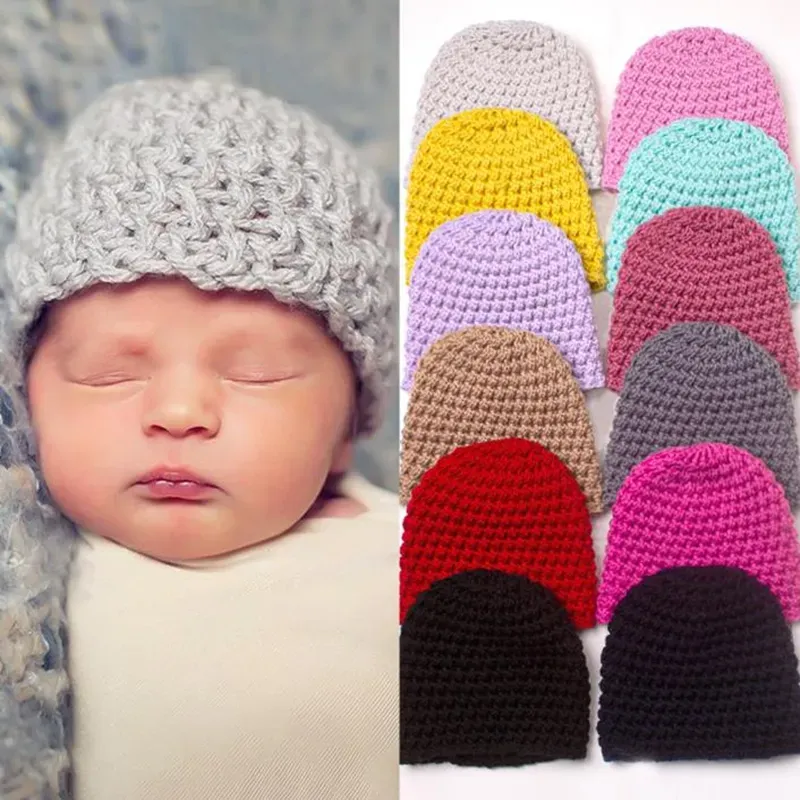ベビーニットキャップハット新生児ウールかぎ針編み新生児帽子幼児秋冬の暖かい帽子幼児ヘッドギアキッズアクセサリー0-1T 12色