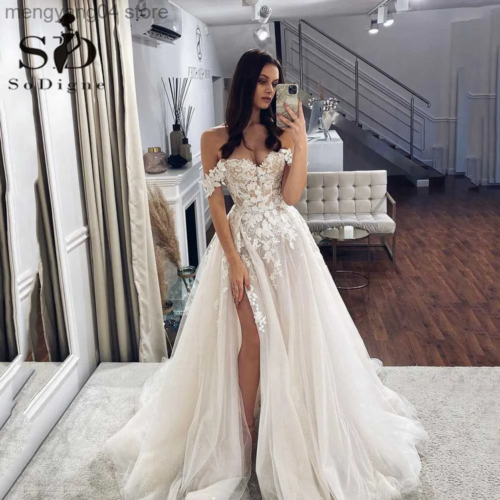 Party Dresses SoDigne Boho Wedding Dresses Side Split Off the Shoulder Lace Appliques A Line Wedding Gown Sweetheart Bridal Gown T230502