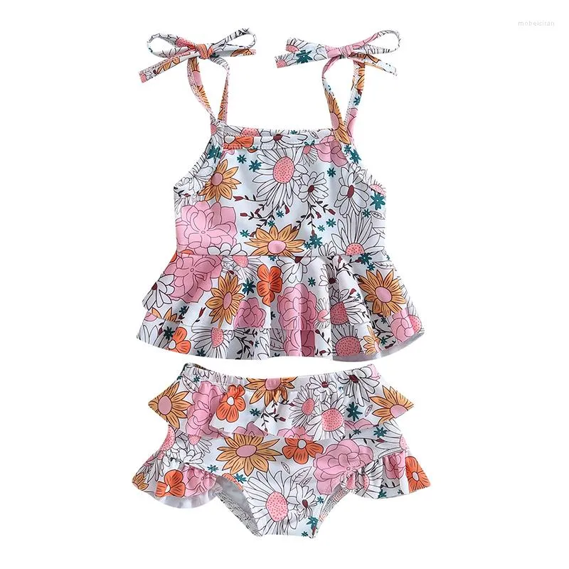 Kledingsets Babymeisje Babymeisje 2 van de Swimpakken Zomerafdruk Mouwloze Camisole en Ruffle Beach Shorts Set badkleding