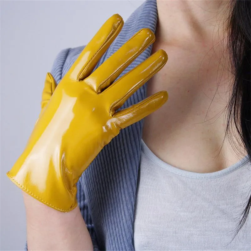 Five Fingers Gloves 21cm Patent Leather Short Section Emulation PU Mirror Beige Nude Bright Yellow Ginger Egg Yolk