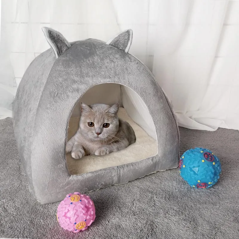 Matten Dropshipping 2in1 Kat Bed Cave Indoor Opvouwbare Warme Kitten Huis Kleine Hond Nest Kennel Huisdier Slaapmatten Met Bal gratis Geschenk