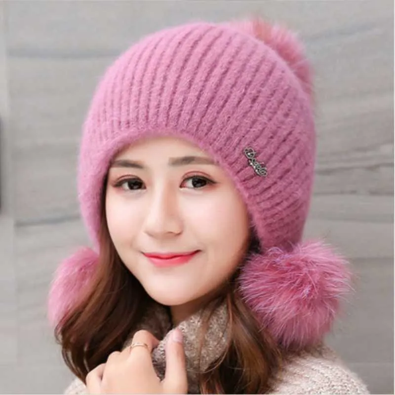 Beanies Beanie/Kafatası Kapakları Üç Kürk Pom Sonbahar Kış Saç Sıcak Şapkalar Sıradan Kadın Katı Yetişkin Kaşmir Parlak Telle Örme