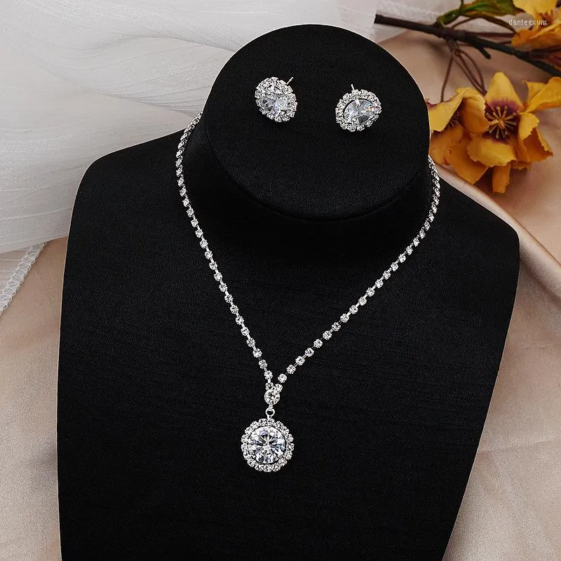 Ketten Glänzender Zirkon Einfache Geometrische Strass Halskette Ohrringe Für Frauen Wassertropfen Kristall Hochzeit Braut Schmuck Sets Zubehör