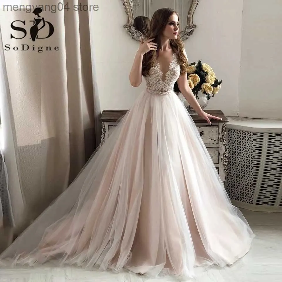 Party Dresses SoDigne Classic Vintage Dirty Pink Wedding Dress With Belt Lace Appliques Illusion V Neck Princess Bridal Gowns Sweep Train T230502