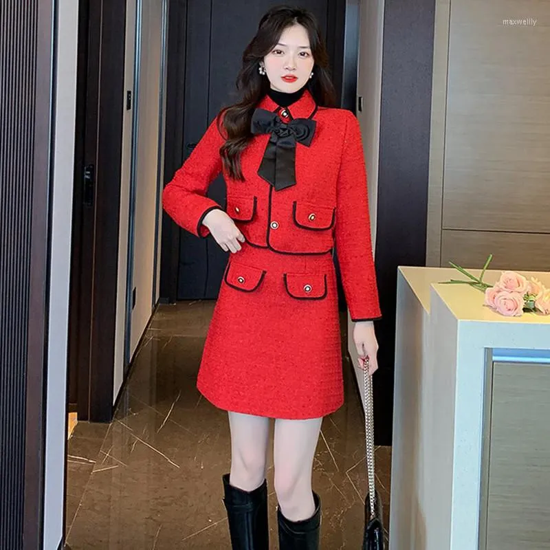 Work Dresses Autumn 2023 Red Tweed Jacket Skirt Two-Piece Sets Winter Women Suits Bow Sweet