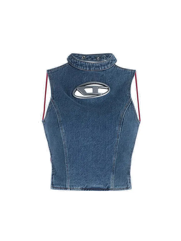 Kadın Tankları Camis Kadın Vintage Mavi İnce Denim Yelek Yaz Yarım Yaka Seksi Sırtsız Kız Tank Tops Retro Clubwear Street Giyim 230428