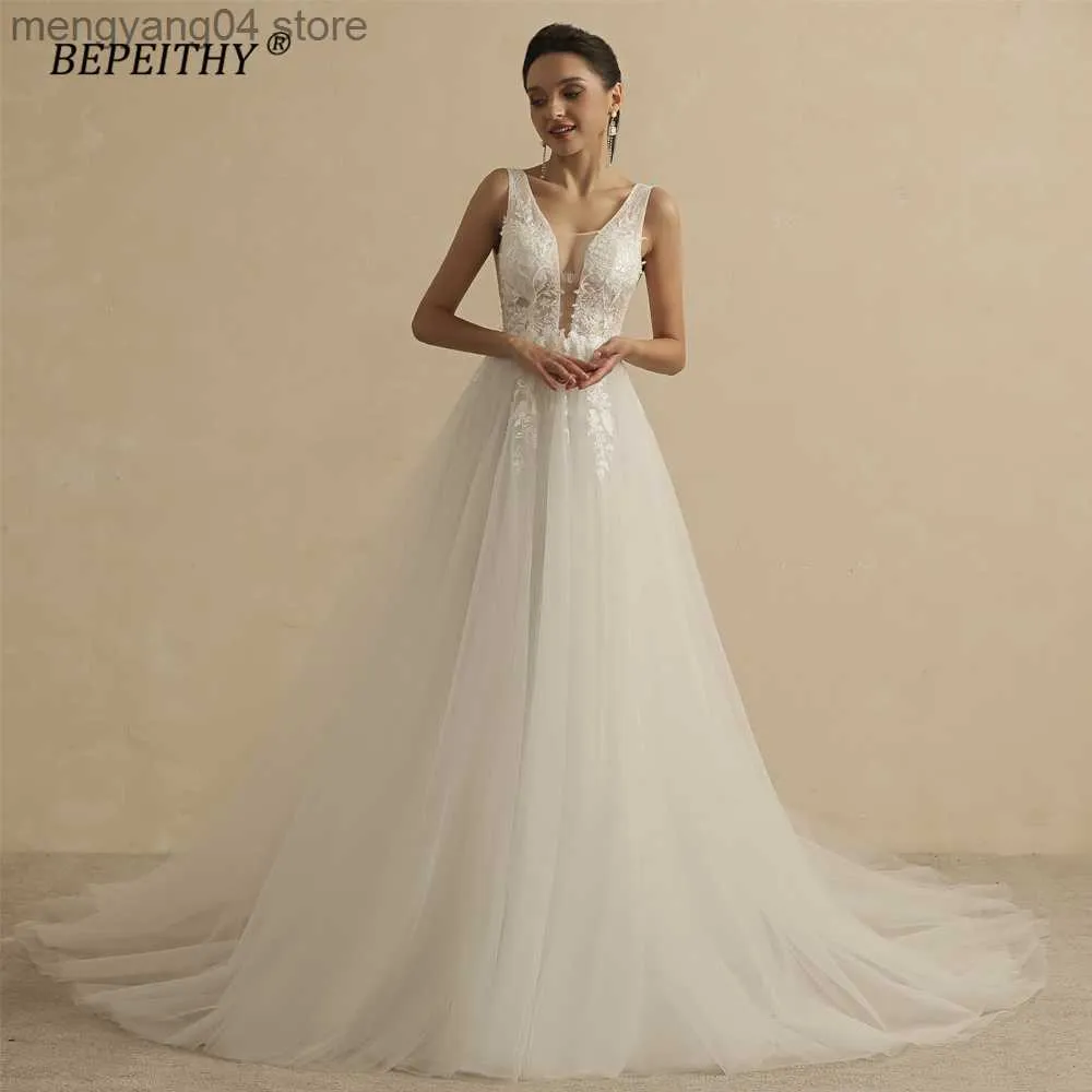 Party Dresses Bepeithy Real Image Sexig Deep V Neck Wedding Dresses For Women 2022 Bride A Line Open Back Boho Bridal Party Gown ärmlös T230502