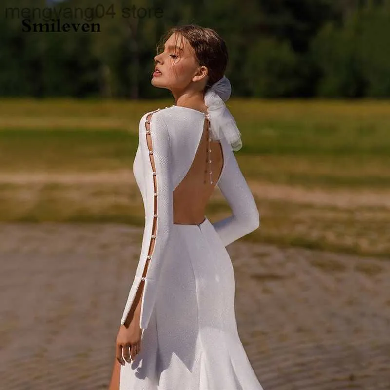 Vestidos de festa SmileVen Sexy sereia branca vestidos de noiva de manga longa vestido de noiva de costas