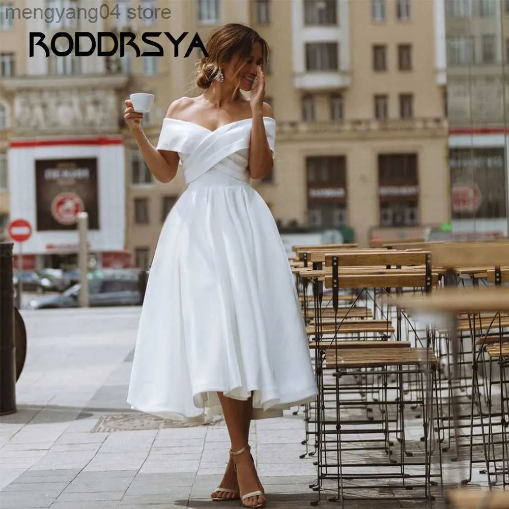 Платья для вечеринок Roddrsya Короткие атласные свадебные платья A-Line Cross Bridal Hown Simple Vintage Trace Up Tea Tea Tea