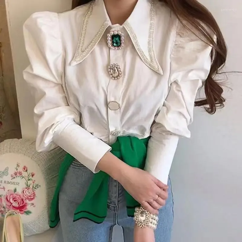 Women's Blouses Women's Shirts 2023 Polyester Cotton Puff Sleeves Point Collar Diamond Button Pearl Trim Single Breasted Waist White