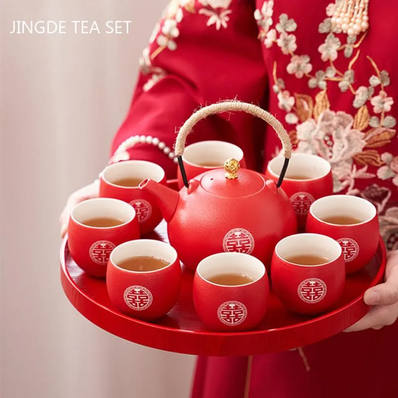 TeAware Butik Seramik Filtre Çay Pot Seti Ev Çay Tenceresi ve Bardak Seti Çin Tarzı Düğün Kırmızı Çayware Hediyeleri Sekiz Subkalık Tenceresi