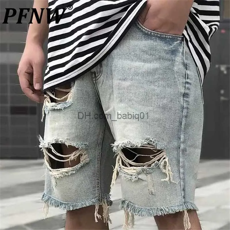 Herren Shorts PFNW Frühling Sommer Herrenmode High Street Big Worn Out Denim Shorts Casual Baggy Mid Waist Hip Hop Knielange Hose 12A7731 T230502