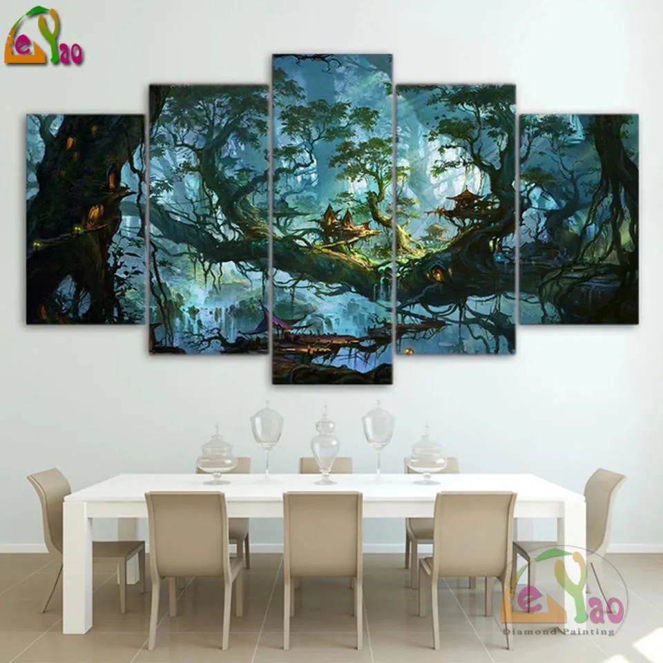 Ścieg diamentów haft haft mozaika 5 sztuk domy fantasy Magic Forest Night Pictures Poster Tree Decor Home Decor 5d Diy Diament