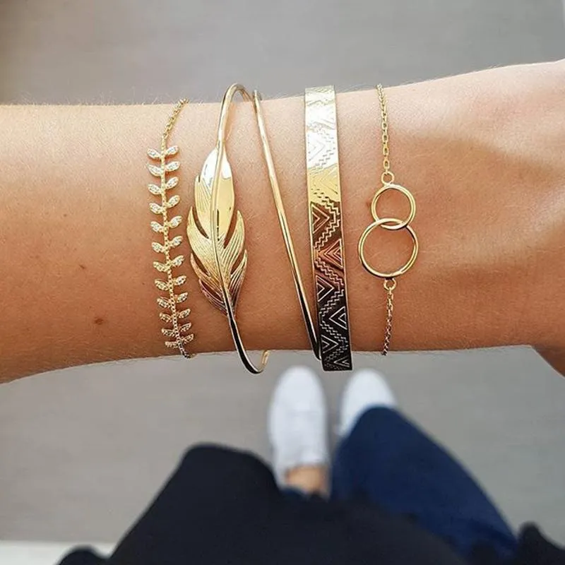 Bangle 5 Pcs/set Boho Tassel Geometric Hollow Double Round Wide Leaf Pattern Bracelet Set For Women Cuff Bracele Personality Jewelry