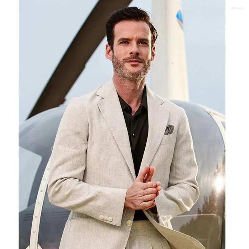 Мужские костюмы 2023 Summer Beach Linen Men Suit Jupt Custom High Caffic Business Blazer Формальный мяч