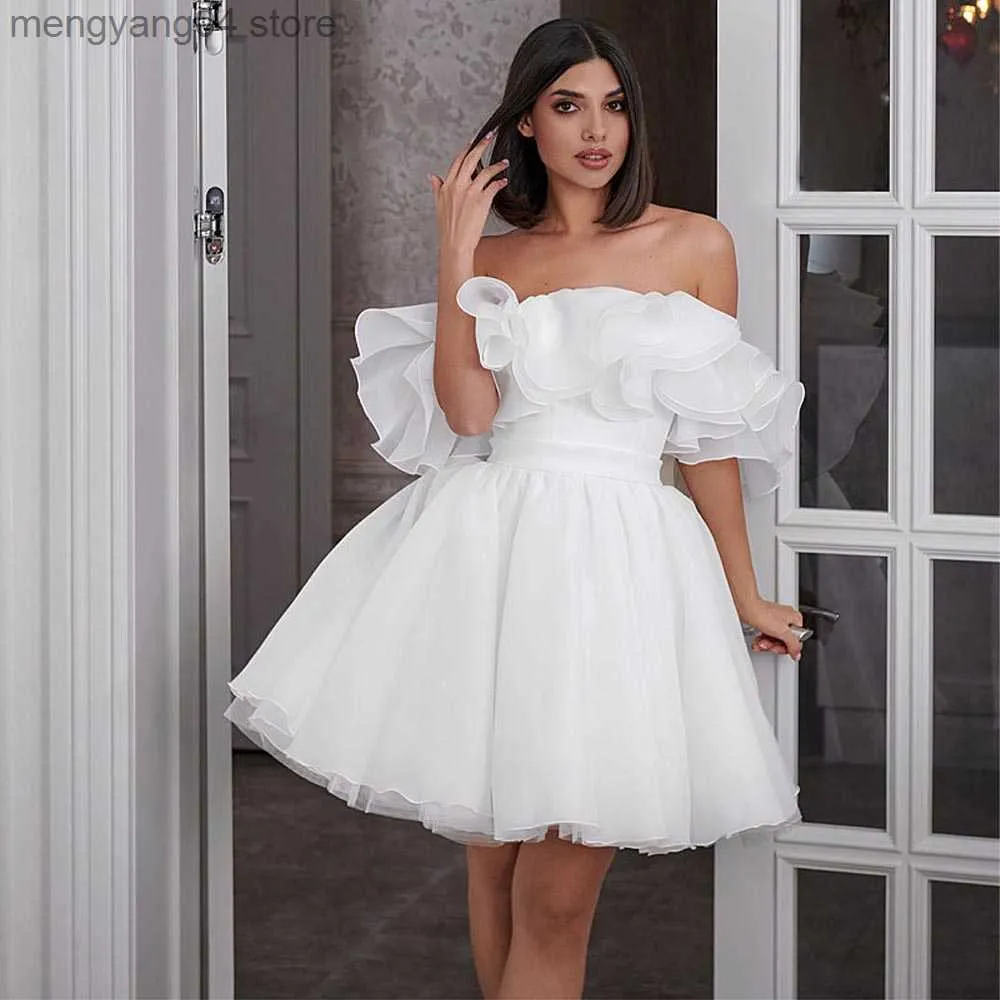 Abiti da festa Abiti da sposa corti per le donne 2023 Sposa Bianco A Line Abiti da sposa Al largo della spalla Cintura con volant senza maniche Mini abito da sposa T230502