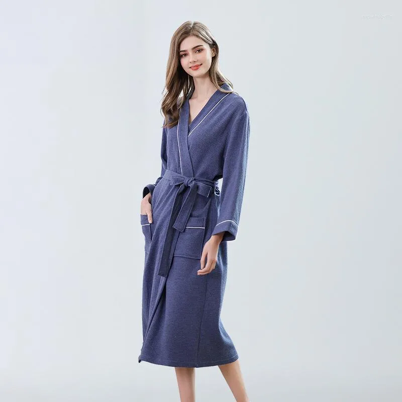 Moda feminina 2023 Blue Ladies Summer Mulheres Robe de Manga Longa de Manga Longa Com Cinturão Vestido de Kimono feminino para