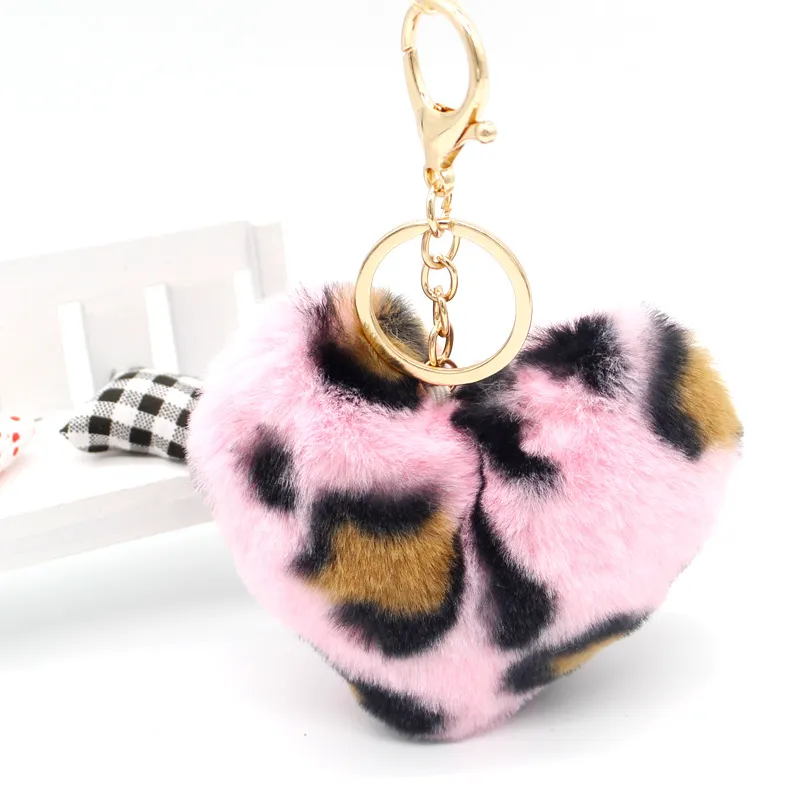 Multicolor Leopard Fur Ball Love Keychain Pendant Peach Heart Girl Car Cellphone Bag Hanging Plush Keychains Jewelry Ladies