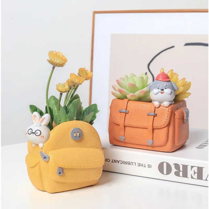 Vazen Creative Animal Resin Handmade Flower Pot Succulenten Planter Container Rabbit Schooltas Decoratieve desktop Student Opslagpen 230428