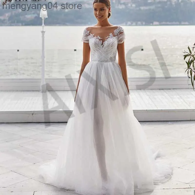 Party Dresses Wedding Dress White Influsion O Neck Short Slee A-Line Brid Vestido Tulle Appliques BeadsBelts Emdifferent Wedding Dress T230502