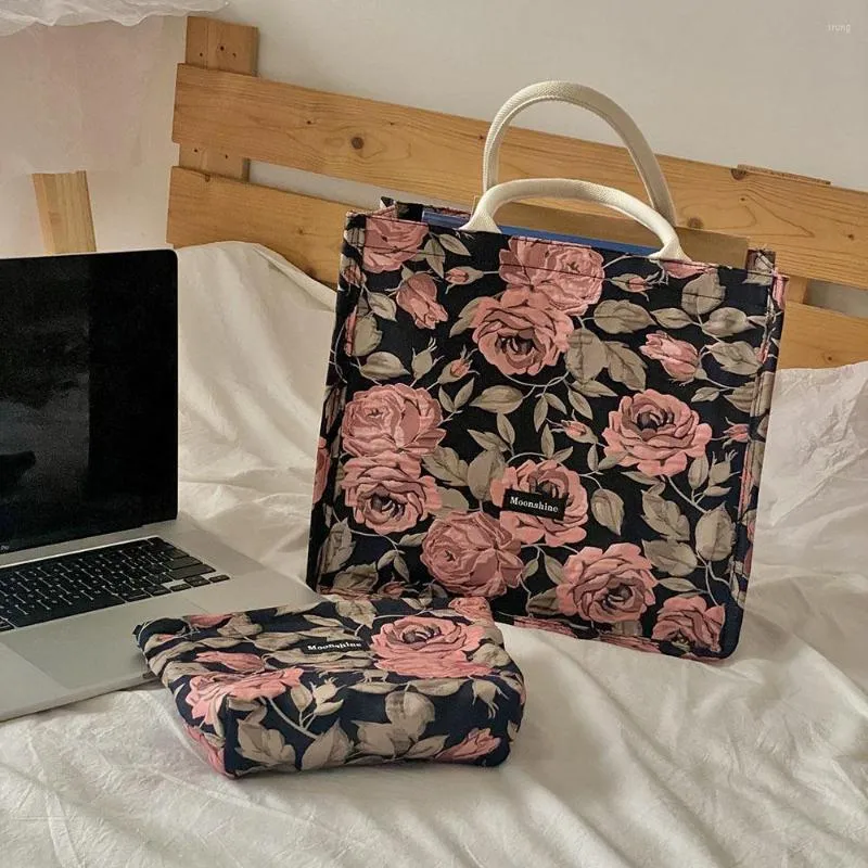 Avondtassen retro design dames grote capaciteit tas tas rose jacquard dames schouder vintage bloem vrouwelijke shopper handtassen banden