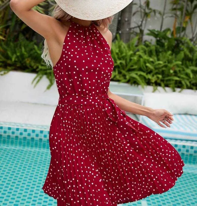 Designerklänning 2023 Sommar Polka Dot Casual Ärmlös Klänning Sexig Strandsemesterkläder Dam Y2303