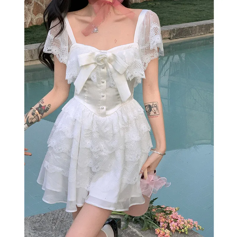 Casual Dresses Summer Womens White Lace Fashion Short Ruffled Skirt Sleeve Puffy Party Backless Prom for Women 230428