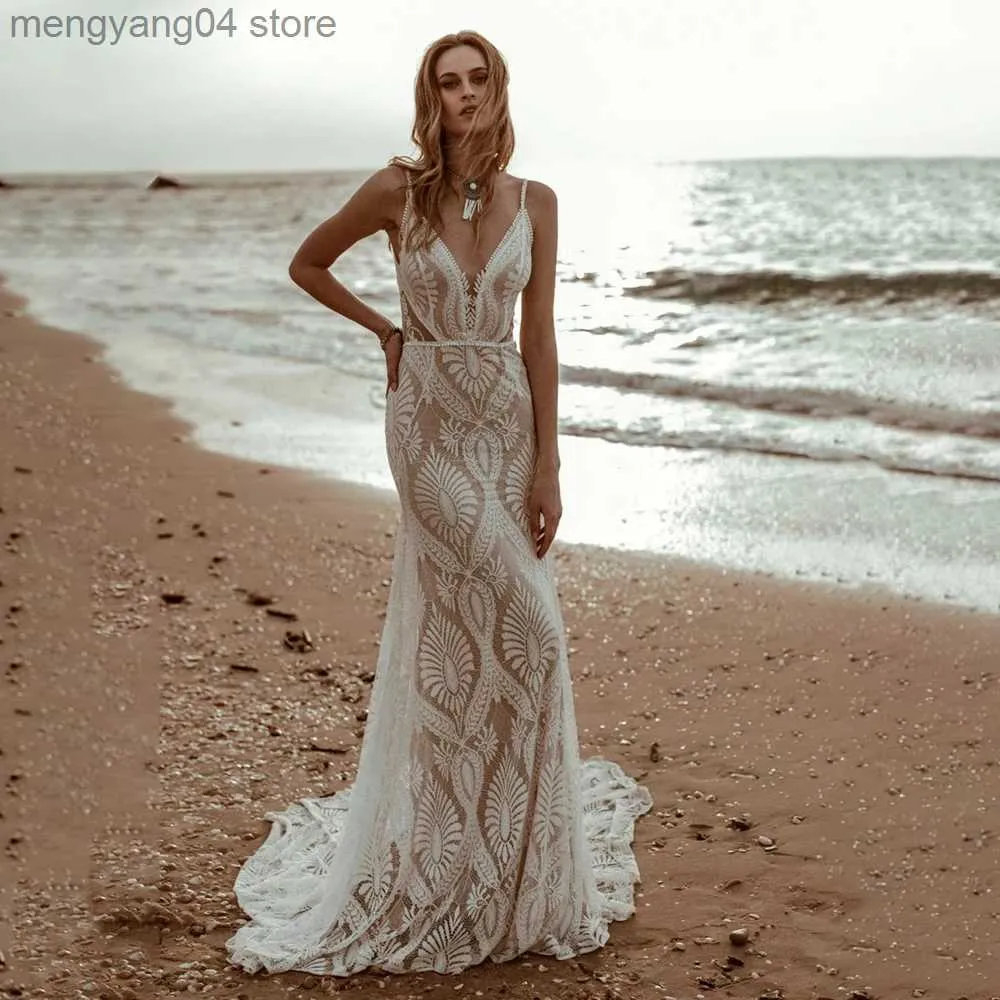 Party Dresses Beach Lace Spaghetti Straps Wedding Dress Party Gowns Backless Custom Made Destination Deep V-Neck Rustic Long Mermaid Bridal T230502