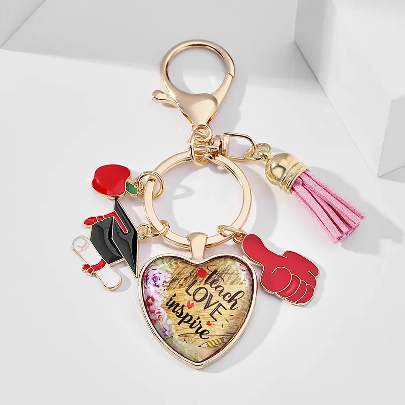 Creative Graduation Saison Porte-clés Pendentif Cadeau Temps Verre Rond Pêche Coeur Alliage Porte-clés Sac Suspendu Bijoux