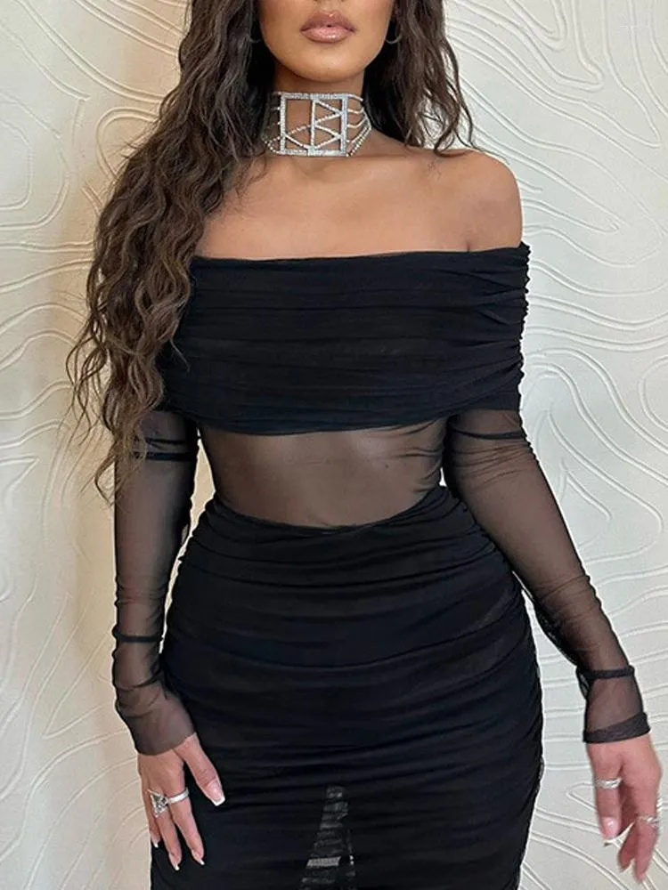 Casual Dresses Mesh Sheer Off Shoulder Maxi Dress Women Elegant Long Sleeve Ruched Body Black Sexig födelsedag Retro Hög stretchdel