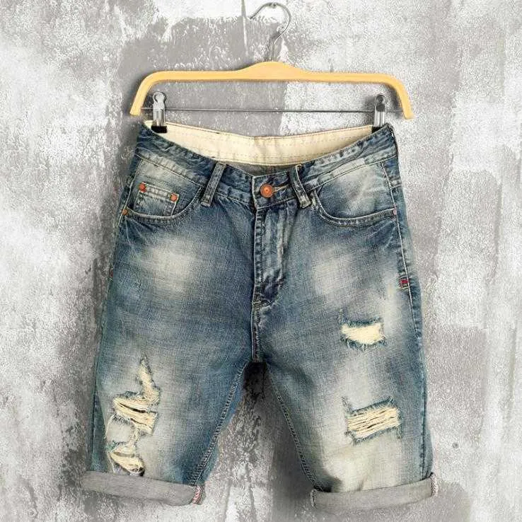 2021 New Fashion Leisure Mens Ripped Short Jeans Brand Clothing Summer 97% Cotton Shorts Breathable Tearing Denim Shorts Male