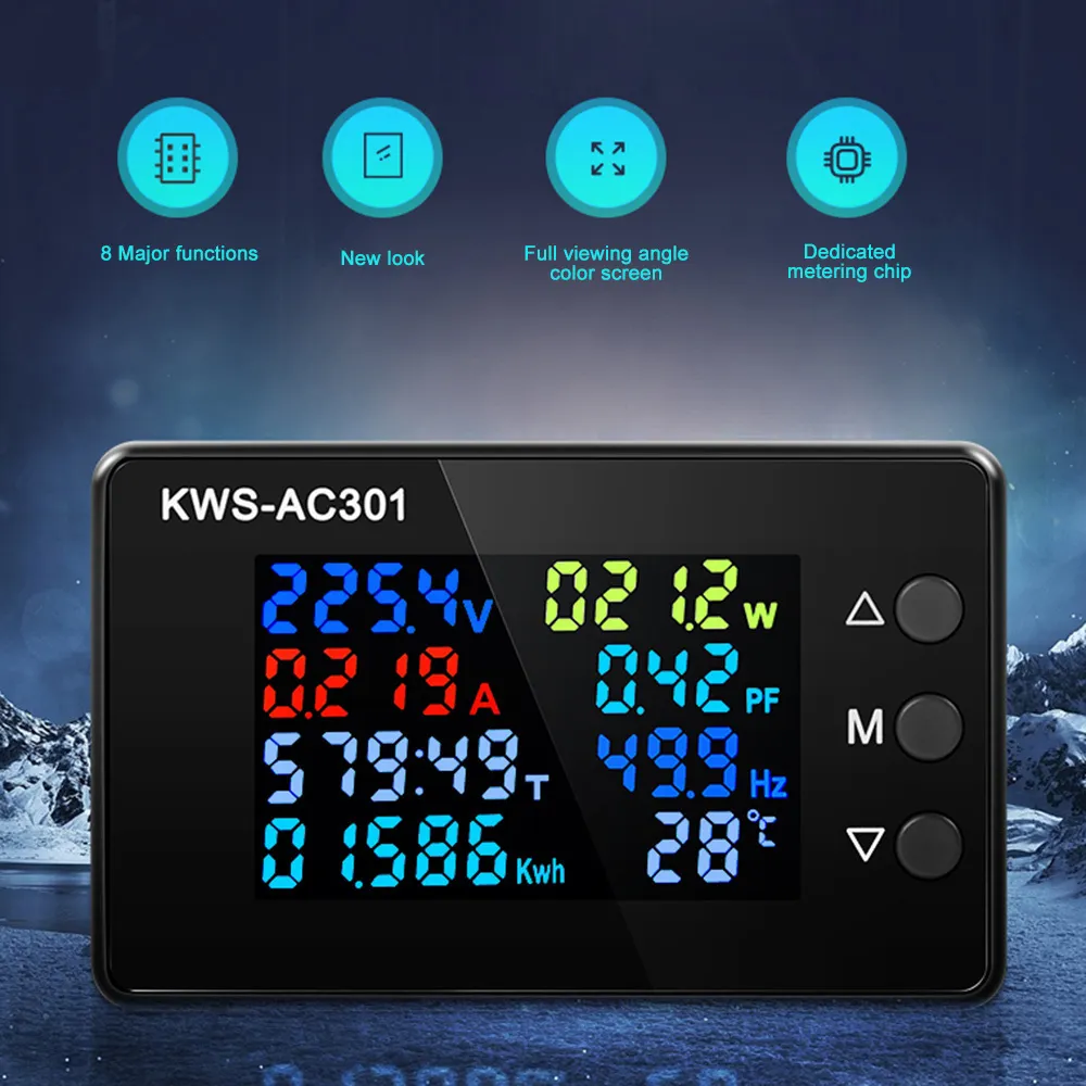 エネルギーメーターKWS-AC301ワットメーター電力計50-300V電圧50-60HzアナライザーLED電気0-20/100A検出器230428