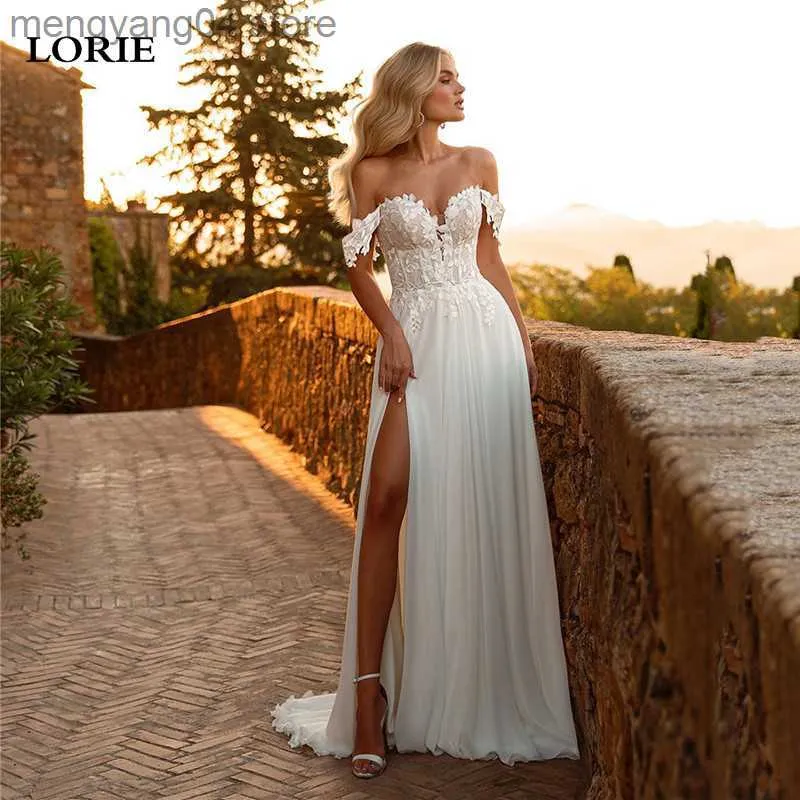 Abiti da festa LORIE Pizzo Boho Abiti da sposa Una linea fuori dalla spalla Chiffon Beach Sweetheart Abiti da sposa Sexy Side Split Abiti da sposa T230502