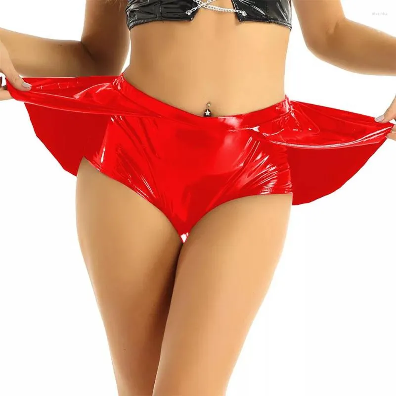 Damen Shorts Glänzend PVC Bonbonfarbe Sexy Frauen Hohe Taille Elastische Rüschenbesatz Kurze Hosen Exotische Pole Dance Nachtclub Röcke