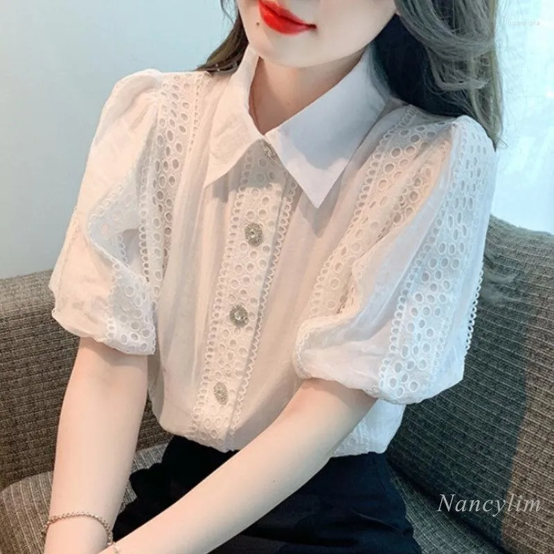 Women's Blouses Summer White Shirts For Women 2023 Short-Sleeved Chiffon Blouse Puff Sleeve Top Chic Beautiful Lace Blusas