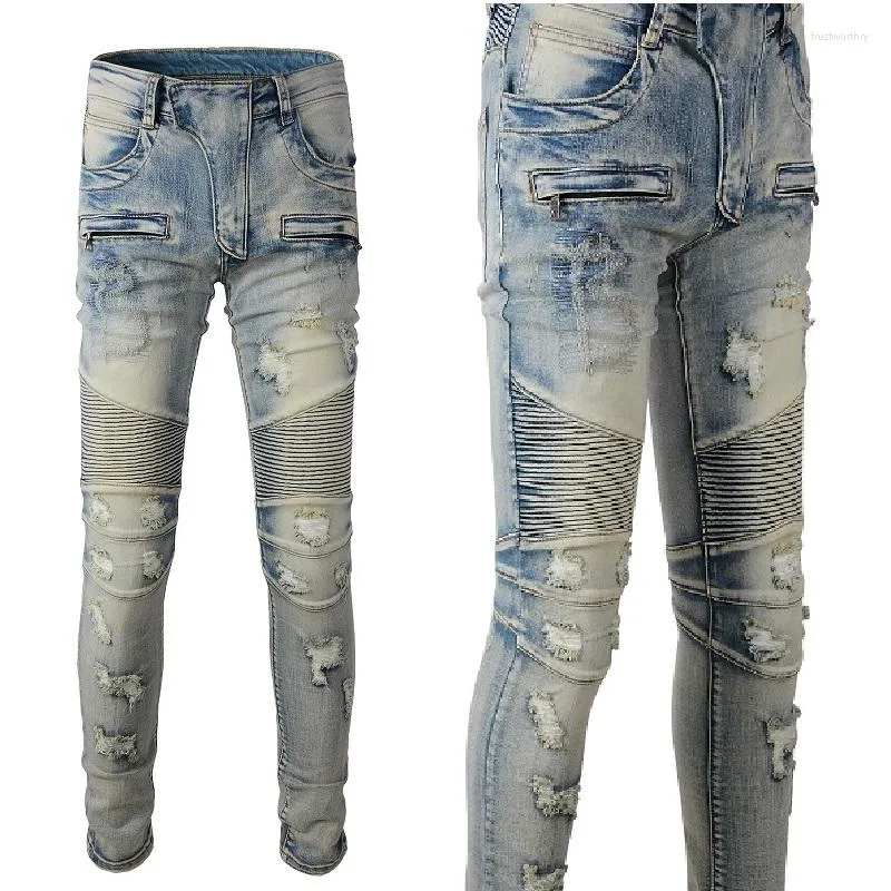 Men's Jeans Mens #B979 Distressed Letter Patchwork Ripped Biker Holes Motor Bike Pleated Ribs Slim Destroyed Washed Stretch Blue