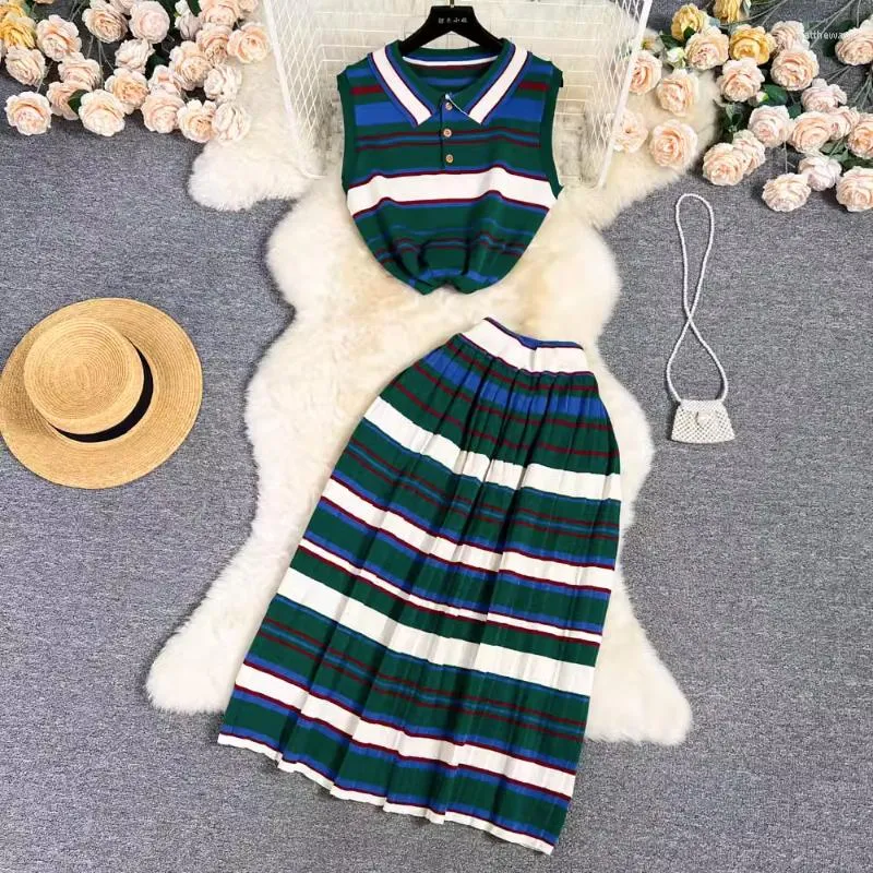 Рабочие платья Korejepo Preppy Style Set Women's Summer Green Lipe без рукавов вязаная полоса