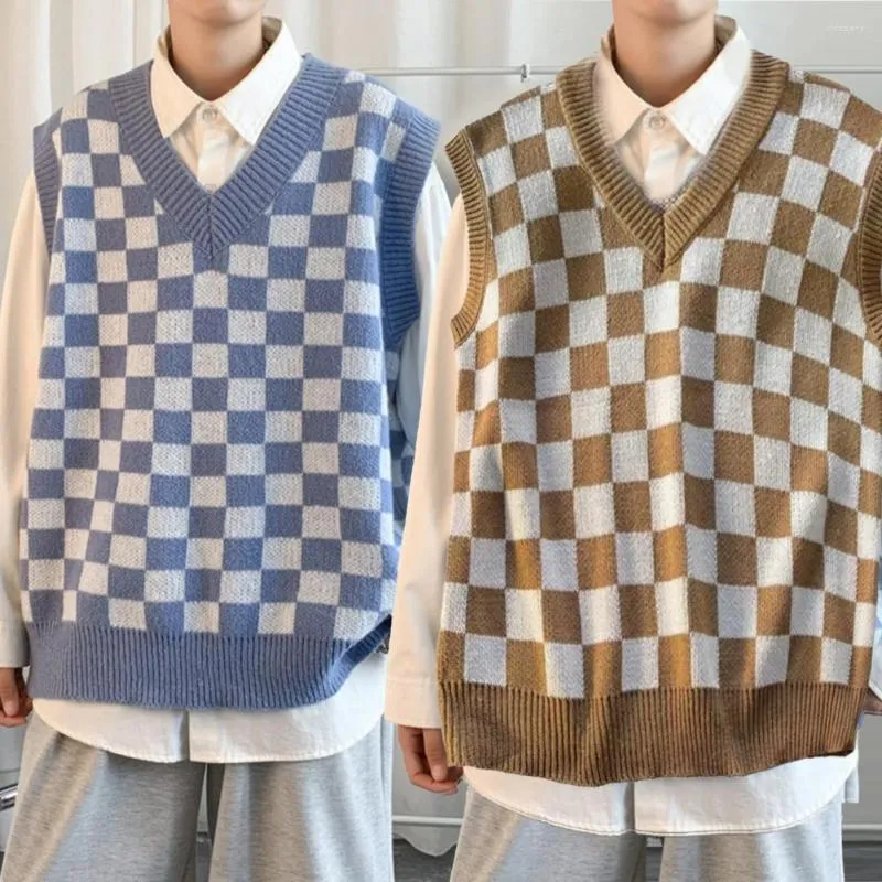 Heren tanktops pullover Vest dikke rekbare koude controle herfst winter plaid patchwork kleur mannen gebreide trui voor school