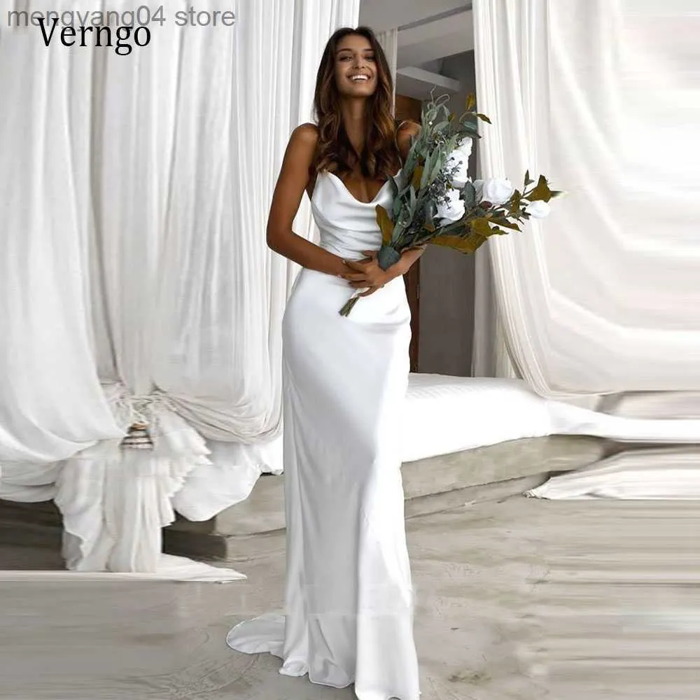 Robes de soirée Verngo plage robe de mariée 2020 simples robes de mariée en satin doux blanc sexy bretelles spaghetti dos nu longue robe de soirée personnalisée T230502