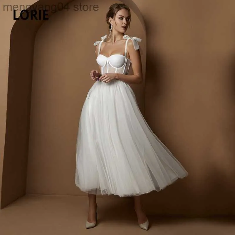 Festklänningar korta bröllopsklänningar moderna utbenande spaghettirem en linje te längd vit brudklänning vestido de noiva curto t230502