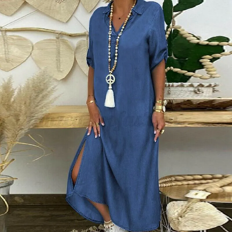 Women's Summer Denim dress - Loose V-neck, Three-Quater Sleeves, Large Size, Long Skirt, Swing Slit Women's Summer Denim dress - Loose V-neck, Three-Quater Sleeves, Large Size, Long Skirt, Swing Slit
