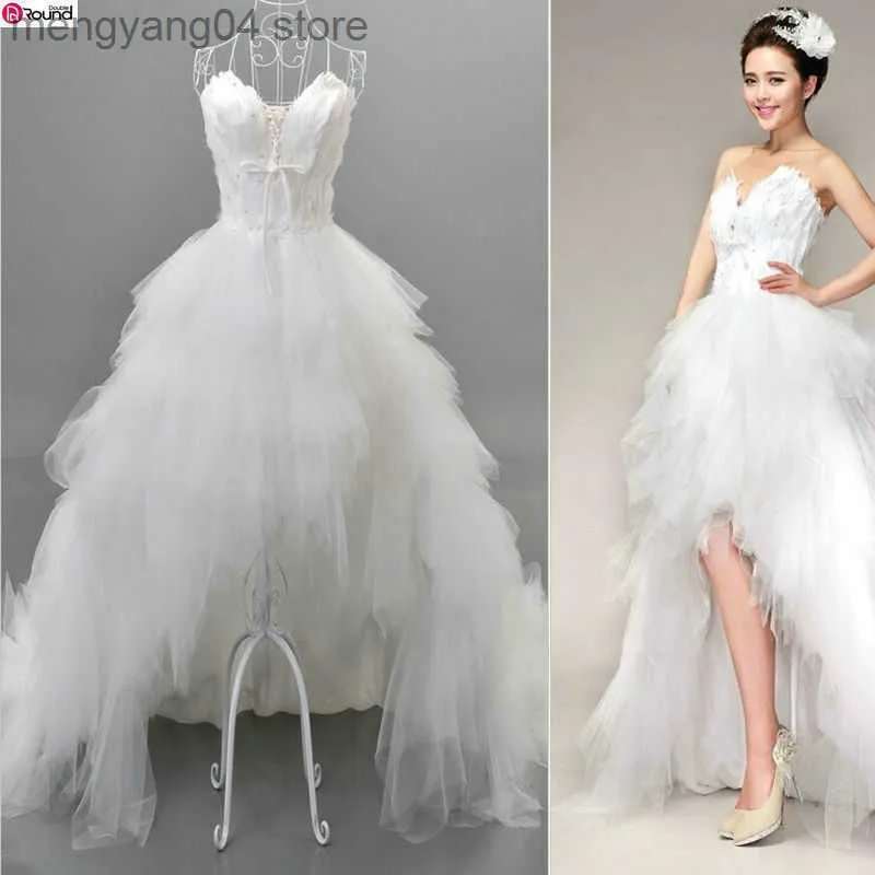 Sukienki imprezowe ~ Wysokiej jakości przednie i tylne styl damski Sweet Princess Wedding Dress/Bride Pióro suknia ślubna